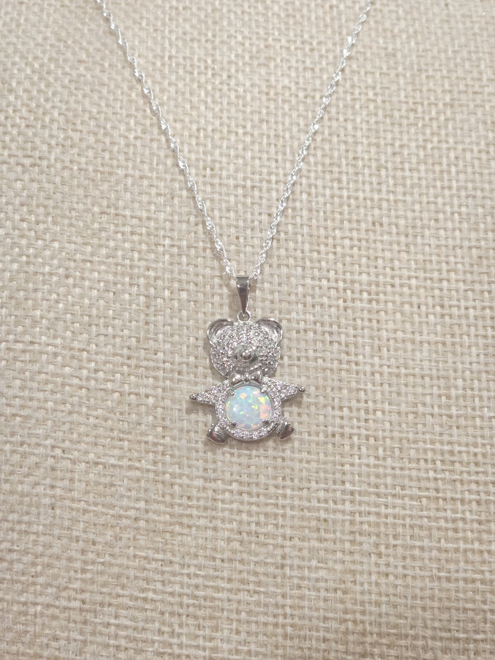 Silver Teddy Bear Opal Pendant Necklace - White Opal Accent